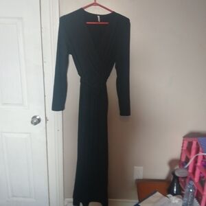 HALARA Classic Black Long Sleeve V Neck Wrap Front Tie Maxi Dress